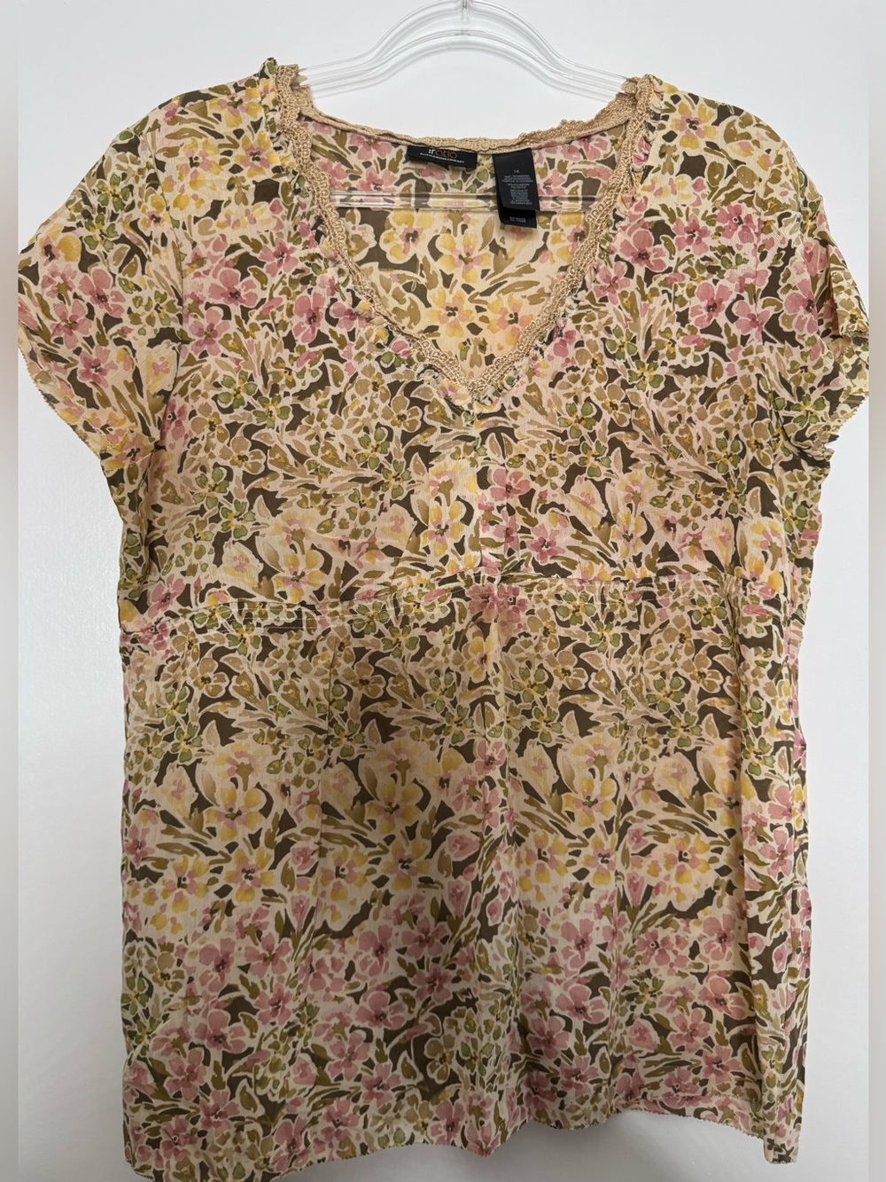 Liz Claiborne Floral V-Neck Blouse in Pink, Yellow & Olive sheer short slv sz 14